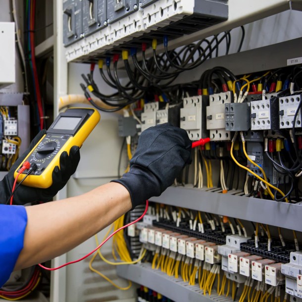 Technicien en électricité vérifiant le courant, le panneau de disjoncteur et le câblage du tableau de distribution principal à l’aide d’outils de mesure.