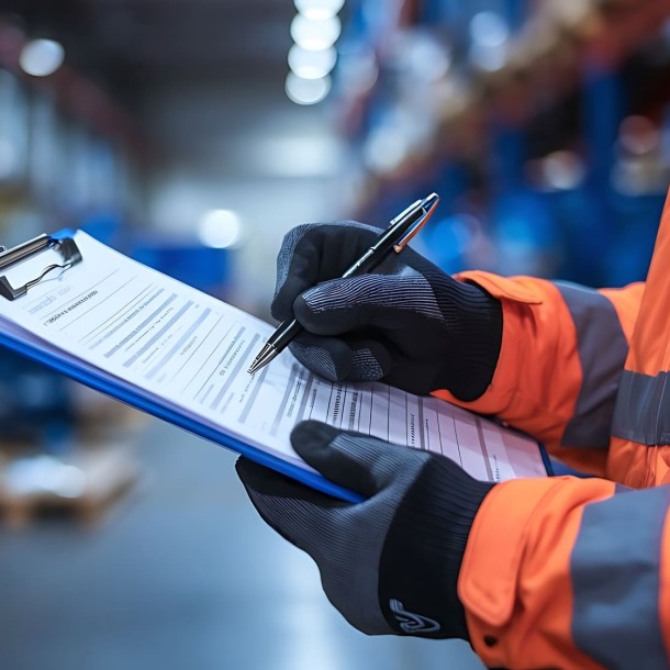 technicien en gants de sécurité remplissant une fiche de controle, dans un depot industriel, vérification de conformité électrique